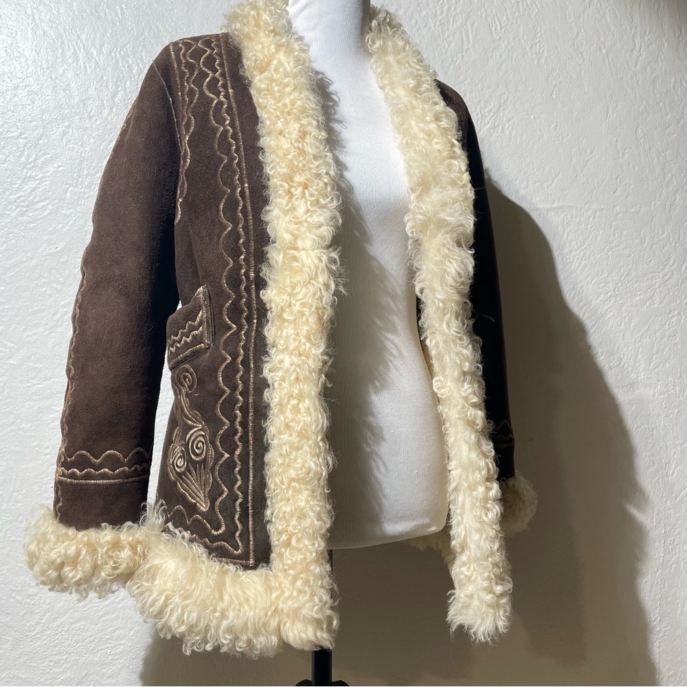 Vtg Afghan curly lamb wool shearling embroidered suede coat penny lane Mongolian - Picture 3 of 16